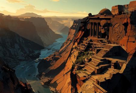 Aerial view of a vast river flowing through a massive, deep, and towering canyon. Night is approaching, and the lighting is stunning and highly contrasted. The river meanders through the canyon, stretching endlessly into the distance. Futuristic boats are visible on the water. On the right cliff, intricate stone stairways lead to large terraces, and higher up on a plateau stands a colossal ancient Inca-style temple with colonnades and domes. On the opposite cliff, a massive relief carving of Cthulhu—a humanoid, octopus-like creature—is etched into the rock. The grand temple on the right, towering above the others, dominates the landscape. The colors are natural and beautiful, with strong, contrasting shadows, mainly in shades of blue, orange, and ochre.