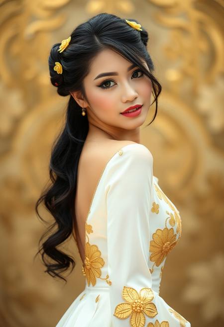a gorgeous 25 years old asian woman, very pale skin, black very long hair in elegant updo with yellow lotus flower hairpins, long black eyelashes, black mascara, black eyeliner define her big beautiful dark green eyes, golden glittering eyeshadow, luscious sensual pink glossy lips, rouge, sexy curves, big breasts, very long elegant white dress with golden flower pattern, turns her head at viewer elegantly