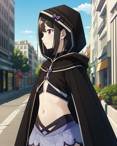 masterpiece, high quality, mgrckuroe, 1girl, side view, medium shot, upper body, purple eyes, black hair, black with white cropped jacket, crop top, black cloak with white edgings, hood on head, purple bowtie, blue with pink skirt, outdoors, city, street, <lora:mgrckuroe-000010:0.8>