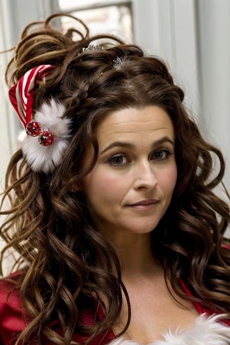 mrs santa claus, santas grotto, north pole, elves, snowmen, candy canes, snow, icicles, <lora:Helena_Bonham_Carter:1> 1girl, solo, a mature 40 year old hb1873c, brown hair, wavy,messy,up do, hair, masterpiece,best quality, detailed face