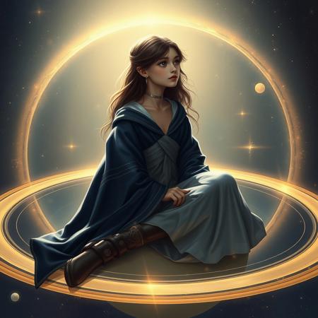 A wise and elegant girl embodying the disciplined, mysterious, and timeless energy of Saturn, sitting gracefully on the rings of Saturn, gazing at the vast cosmos. Her deep, contemplative eyes reflect wisdom and resilience, as if she holds the secrets of the universe. She wears a regal, flowing dark-blue and silver robe, symbolizing knowledge and structure. The atmosphere around her is ethereal, filled with floating cosmic dust and a subtle golden glow. The rings of Saturn shimmer under the celestial light, emphasizing her connection to destiny, time, and cosmic order. She exudes an aura of authority, patience, and profound insight, embodying the essence of Saturnian wisdom."