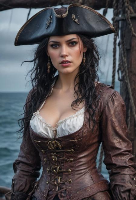 Beautiful sinister Pirate woman, Intricately Designed tight pirate clothes and corset, long coat, pirate hat, Action Adventure, standing aboard a pirate ship on a stormy sea, realistic brown eyes, wavy black hair, Sensual female curves, beautiful perfect detailed pupils, 8k, daylight, Pirates of the Caribbean style, high contrast, colorful polychromatic, wet oily shiny skin, ultra detailed, (Intricately Designed dirty face: 1.3), Cinematic clorful lighting, realistic body and face, Photograph Taken on Nikon D750, Intricate, Elegant, Digital Illustration, Scenic, Hyper-Realistic, Unreal Engine, CryEngine, Octane Render, Artgerm, WLOP, Greg Rutkowski, 8k ultra high resolution concept art, hyper-defined, sharp focus, echoing, (hyperdetailed body and face: 1.3), beautiful firm Breasts, defiant and seductive, Atrractive, Atrractive 21 years old woman, attractive bust girl, (Portrait painting of beautiful Pirate woman: 1.5), Intricately Designed tight pirate clothes and corset, ultra realistic, concept art, intricate details, eerie, highly detailed, photorealistic, octane render, deep color, unreal engine. art by artgerm and jim lee, pen and ink drawing, full body, day time