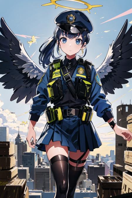 masterpiece, best quality, 1girl, solo, vivid color, dynamic expression, emphasis lines, outdoors, blue sky, wings, angel wings, halo, flying, policewoman, blue jacket, black belt, mini skirt, blue skirt, beret, multicolored hair, colored inner hair, long hair, ponytail, petite, white hair, blue hair, ammunition pouch, thigh holster, cityscape, police medal