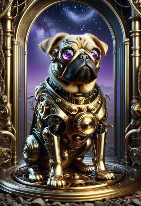 score_9, score_8_up, score_7_up, score_6_up, score_5_up, hyper-realistic, 
mechanical pug puppy made out of qu4ntum, intricate mechanical enhancements, robot, steam punk, clockwork, cyberpunk, puppy focus, somber, purple glow, autumn, cold, steampunk background being overtaken by qu4ntum, black vines, night time, night sky, abandoned and silent background, A calm meditative mood enhanced by the soft glow and deep shadows. Ls. industrial, honeycomb pattern etched into ground, ruins, dark, haunted, industrial,
qu4ntum