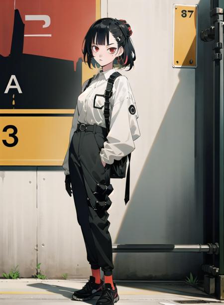 best quality, 4K wallpaper, masterpiece, extremely detailed CG unity 8k wallpaper, extremely detailed eyes, ultra-detailed, intricate details, 1girl, solo,red eyes, Balenciaga outfit, shirt, hair ornament, trousers, black legwear, shoes, looking at viewer, public, road sign, street park, street, <lora:clothingbrend:0.6>