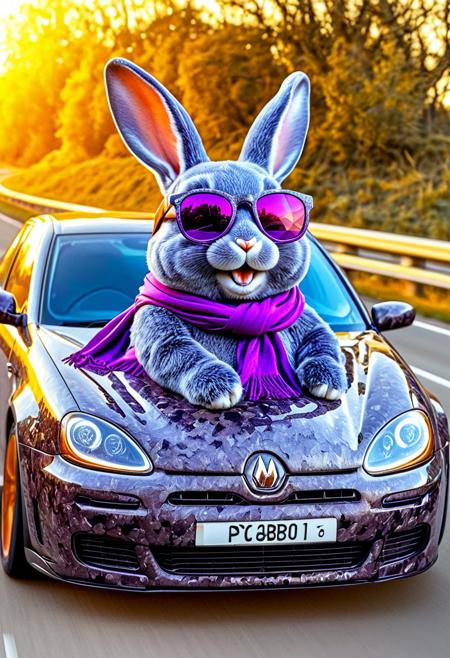 forged carbon style, Absurd rabbit sitting in a vintage car. The rabbit is small and chubby, with big, expressive eyes and a wide, friendly smile. It wears oversized purple sunglasses and a matching purple scarf. The car is classic and rounded, with visible details such as headlights and wheels. The background is the highway. The lighting is bright and cheerful, highlighting the rabbit and the car. The style is cute and whimsical, with exaggerated features and vibrant colors. The overall atmosphere is playful and fun. Detailed forged carbon texture,<lora:aidmaFLuxPro1.1_v0.3_IL:0.8> aidmafluxpro1.1