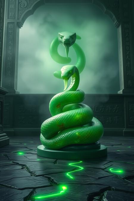 jade_snake. A surreal image of a jade snake wrapped around the pedestal of an ancient, glowing jade statue in a misty temple. The snake’s body appears carved from pure jade, with veins of gold and emerald running through it. Its eyes glow softly, as if alive, and its tongue flickers like a beam of light. The temple walls are covered with intricate carvings and glowing runes, and faint green light emanates from cracks in the stone floor. The atmosphere is mystical and sacred, as if the snake is an eternal guardian.