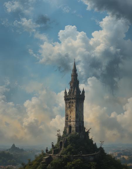 ([by Banksy|by Tadao Ando]:1.5), (High above the mortal realm, a Wizards' tower floats amidst the clouds, its spires reaching towards the heavens as its master delves into the mysteries of the cosmos.:0.5)