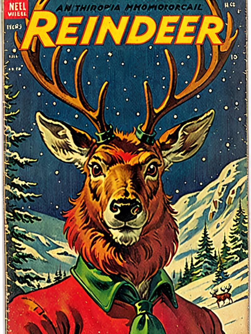 A painting of a reindeer with antlers standing in snow.