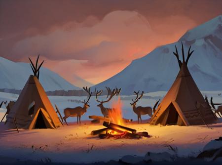 Pointy tent village surrounding a campfire at sunset, arctic steppe landscape with reindeer and vast mountains in the background, torn edges, Civ6BG painting style <lora:Civ6BG-000009:1>