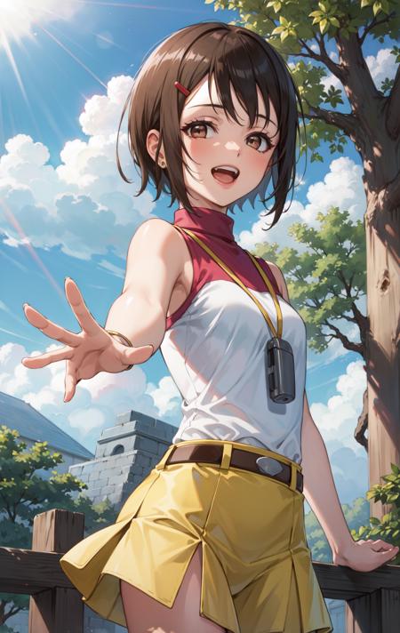 HikariDef short hair, brown eyes, red eyes, brown hair, hair ornament, hairclip shirt, bare shoulders, elbow gloves, gloves, skirt, jewelry, sleeveless, belt, turtleneck, yellow skirt, whistle, whistle around neck, fingerless gloves