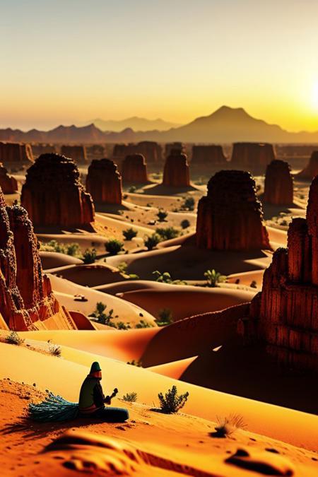 Cartoon Warrior on Cliff Overlooking Real Fantasy Desert City
A cartoon hooded figure stands at the edge of a real, photorealistic desert canyon city—massive domes, spires, and crumbling towers stretch beyond. The warrior’s tattered cloak flutters in warm golden-hour breeze. Ships lie stranded in sandbeds below. The cartoon contrasts beautifully with the sweeping ultra-real panorama. Tiny palm oases glimmer with cartoonish sparkles, blending epic scale with quiet charm.