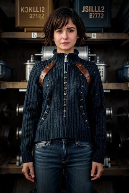 K1873W in a hardware shop, drills, mechanical, jumper, jeans <lora:KW3:1> masterpiece, best quality, detailed face , 1girl, realistic, solo,k1873w, short_hair, black_hair