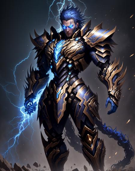 4K, Masterpiece, highres, absurdres,
edgThunderstruck, a male character with a blue and gold armor ,wearing edgThunderstruck_armor, electrified, weilding thunder
 <lora:edgThunderstruck:0.75>