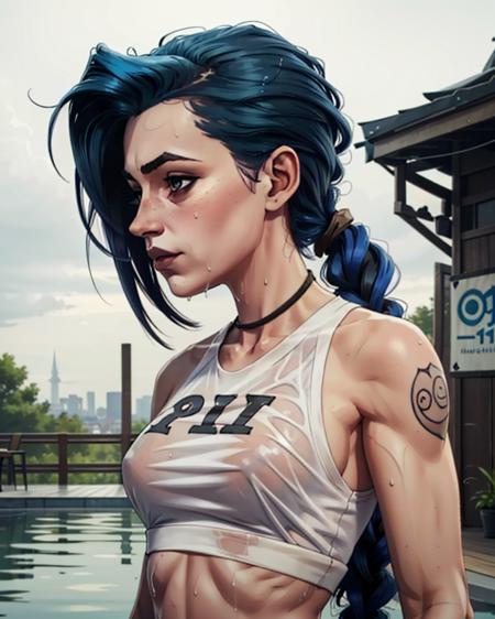 ((j1nxl0l)),  <lora:Arcane-Jinx-v1:0.55>,1girl, wet white t shirt