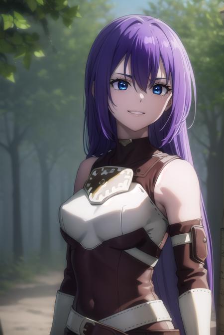 arthur pencilgon, long hair, blue eyes, hair between eyes, very long hair, purple hair, gloves, belt, armor, clothing cutout, breastplate, bare shoulders, earrings,