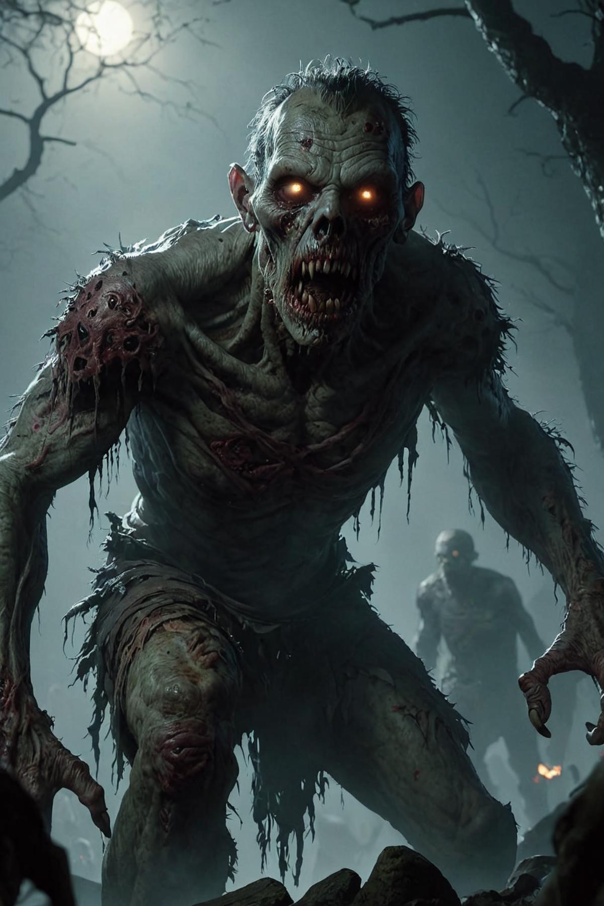 Zombie Game Character with Glowing Eyes in a Forest Scene