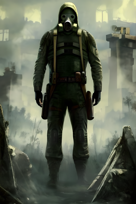 (masterpiece), highly detailed, cinematic, a man in a gas mask wearing a sunrise suit