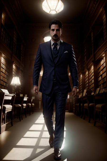 <lora:dnlrx_v1-000009:1> dnlrx, masterpiece, best cinematic quality, photorealistic highly detailed 8k raw photo, volumetric lighting, volumetric shadows, man in dress shirt, dynamic pose, haunted library background