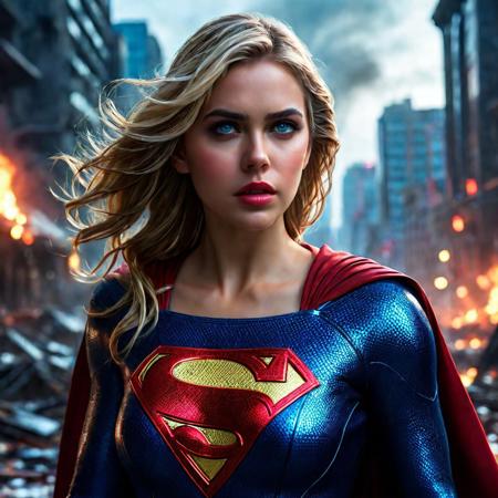 High resolution ultra-realistic of Beautiful bloody Supergirl fighting against alien invasion, cinematic style, standing on a bloody and stormy battle in a destroyed city in a fighting pose, bloody and dirty, realistic blue combat costume, red mini skirt, red cape, perfect athletic figure, wavy blonde hair, handsome bloody face, beautiful perfect detailed pupils, wet oily shiny skin, covered in dirty and blood, beautiful firm Breasts, defiant and seductive, attractive 21 year old Supergirl, 8k resolution concept art portrait by Greg Rutkowski, Kiernan Shipka, Dark Gotham City, Artgerm, WLOP, Alphonse Mucha, dynamic lighting, hyperdetailed, intricately detailed, Splash art trending on Artstation triadic colors, Unreal Engine, 5 volumetric lighting, Cinematic Lighting, intricate, smooth, sharp focus digital painting, Asymmetrical Balance, realistic eyes, ultra detailed atmospheric details, sparkle effects, realistic body proportions, beautiful body Supergirl proportions, complex masterpiece, dramatic atmosphere