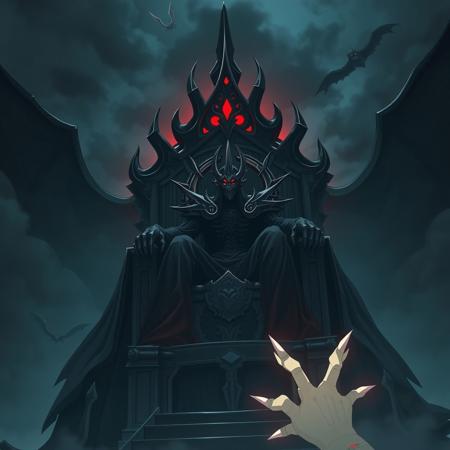 A dark lord sits on a massive throne, view from below, cinematic, fantasy anime. glowing red eyes.  flying monsters in background.