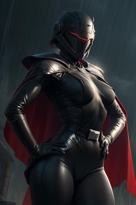 Trilla, upper body, medium breasts, hands on hips, cameltoe,  cowboy shot,  close up, face covered, 
TriArmor,cape,(helmet with red visor) ,armor,black gloves,tight bodysuit,black footwear,black cape,black pants,
raining,metal platform,night,
(insanely detailed, beautiful detailed face, masterpiece, best quality),<lora:Trilla:0.7>,