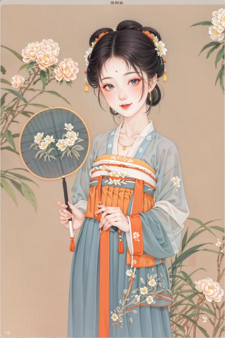 Holding a round fan with a pendant on the handle, the fan is embroidered with peonies, white pear flowers, and azaleas, 1 girl, Tang Dynasty costume,