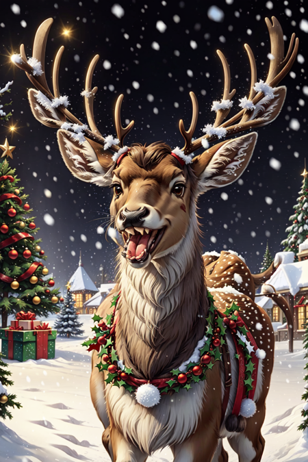 RagingReindeerSplash, solo, open mouth, tongue, tongue out, black eyes, no humans, christmas, snow, snowing, antlers, animal focus, christmas tree, reindeer antlers, deer, reindeer <lora:RagingReindeerSplash:0.8>