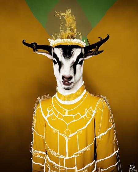 solo, open_mouth, yellow_eyes, food, horns, teeth, artist_name, signature, no_humans, crown, sharp_teeth, black_background, outline, white_outline, curled_horns, animal_focus, extra_eyes, yellow_theme, horizontal_pupils, honey, goat, <lora:Lines_clothes_SD15:1> , lines_clothes