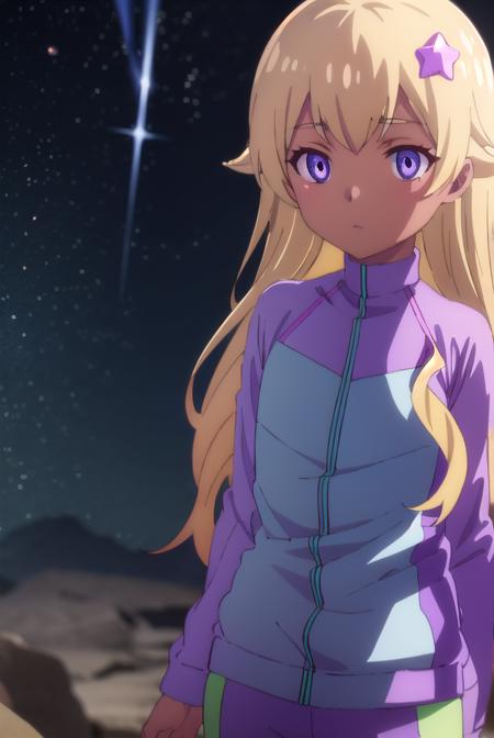 funicia raffaeli, long hair, blonde hair, hair ornament, (purple eyes:1.1), dark skin, star \(symbol\), dark-skinned female, star hair ornament, jacket, pants, track jacket,