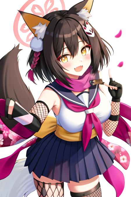 masterpiece, best quality, highres, solo, {izuna_bluearchive:1.10}, animal_ears, fox_ears, fox_girl, halo, brown_hair, animal_ear_fluff, short_hair, yellow_eyes, fox_tail, bangs, hair_ornament, tail, smile, open_mouth, blush, fang, serafuku, breasts, hair_between_eyes, medium_breasts, black_hair, 1girl, fishnets, gloves, looking_at_viewer, partially_fingerless_gloves, scarf, skirt, black_gloves, floral_print, japanese_clothes, school_uniform, thighhighs, fox_shadow_puppet, kunai, sailor_collar, weapon, fishnet_thighhighs, pleated_skirt, pink_scarf, single_thighhigh, petals, sleeveless, white_background