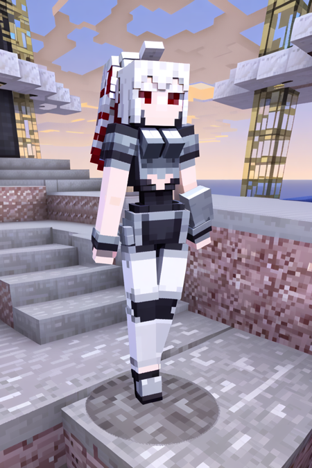 minecraft, 1girl, woman, rough digital painting, (full body:1.25), 1girl, solo, [:formal costume design,:0.2] engineer, albino, bombshell dark silver hair, Braided Bun, (chubby:1.1) build, middle aged, simple background, rpg character concept art, bombshell hair, matte crimson hair, very long hair, muscular hips, muscular legs, wide hips, narrow waist, abs, small breasts, japanese, (golden hour, blue sky, clouds, scenery,  interior of a space cruise ship:1) <lora:EnvyCubedXL01:0.8>