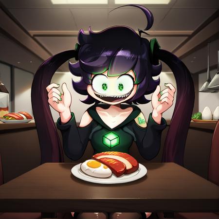 IC0n  purple hair, twin tails, ahoge, green eyes, black hoodie, open shoulders, black tighhighs, black boots, glowing green cube on chest, glowing green tattoos on shoulders