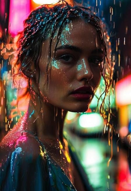 LanaSin
Amidst the rain-slicked sidewalk, she strides purposefully, each step leaving a soft ripple in the puddles below. The patter of raindrops adds rhythm to her journey, saturating her attire and hair with a glistening sheen. super bright headlight flash from Passing cars cast a fleeting halo of light around her figure as their headlights slice through the darkness. Meanwhile, vibrant neon signs lining the storefronts bathe her face in a surreal palette of electric blue, vivid pink, and neon green, painting her features with an otherworldly glow. Amidst this urban symphony, a streetlight bathes her in Rembrandt light, lending dramatic contrast and depth to her expression. Subtle rim lights contour her silhouette, adding dimension, while a soft hair light delicately accents the strands of her wet hair, completing the captivating scene.