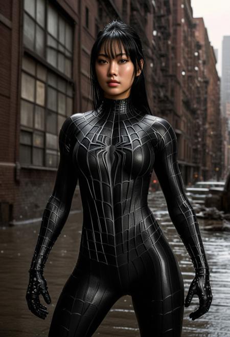 score_9, score_8_up, score_7_up, best quality, realistic, masterpiece, beautiful detail, hyperrealistic, ((1girl, woman body, big breasts, black hair)), amazing detailed full body portrait of a sexy japanese girl, wearing a realistic and highly detailed black raimi spider-man suit, ((huge muscular girl)), professional model wears ultra - detailed black raimi spider - man suit, ultra - detailed and grained black raimi spiderman suit, suit covered entire body and hand, black spiderman gloves, wet, (spider man pose), (full body), (dirty skin), octane render, highly detailed, volumetric, dramatic lighting, (highest quality:1.1), (HDR:1.3), (top quality, best quality), realistic, high definition,
