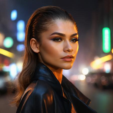 masterpiece, best quality, Zen_daya woman, city street, neon, fog, volumetric, closeup portrait photo of Zen_daya woman, in dark clothes  <lora:ZendayaXL:1> <lora:add-detail-xl:1>