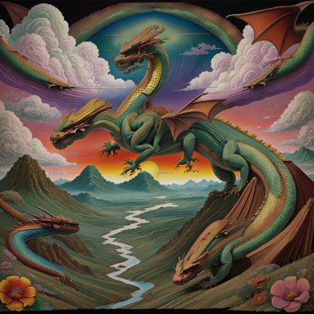 <lora:psychedelic-landscape:0.85> psychedelic landscape, (a dragon:1.5)