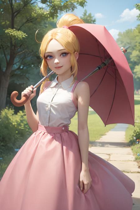 (masterpiece, best quality:1.2), <lora:bs_piper-10:0.8>, cowboy shot, solo, 1girl, piper, smile, looking at viewer, holding umbrella, blonde hair, ponytail, blue eyes, pink collared shirt, sleeveless, pink skirt