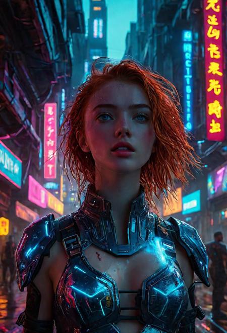 High resolution ultra-realistic of Beautiful Cyberpunk girl, 8k, capturing the intensity of the moment, cinematic lighting, standing on a troubled street in a futuristic city in a bloody battle, wavy red hair, realistic dirty pale face, realistic blue eyes, beautiful hourglass figure, burning in a futuristic city, intricately designed cyberpunk style clothes dirty colorful robes, Cyberpunk 2077 Aesthetic, perfect athletic figure, beautiful Sadie Sink as Cyberpunk girl, ultra realistic, cinematic style, vigorous and seductive, athletic figure, Cyberpunk sci-fi style, dramatic lighting, wet and sweaty skin, dirty pale skin, athletic figure, dark fantasy, dramatic lighting, Greg Rutkowski style, Cyberpunk girl on in cool dress, hyper-detailed, hyper-realistic, natural light, extremely intricate details, masterpiece, epic, bright colours, Attractive 21 old years girl, beautiful firm Breasts, sharp focus, digital painting, Photograph Taken on Nikon D750, Alphonse Mucha, athletic figure, Hyperdetailed, hyperrealism, Attractive, Attractive bust girl, asymmetric balance