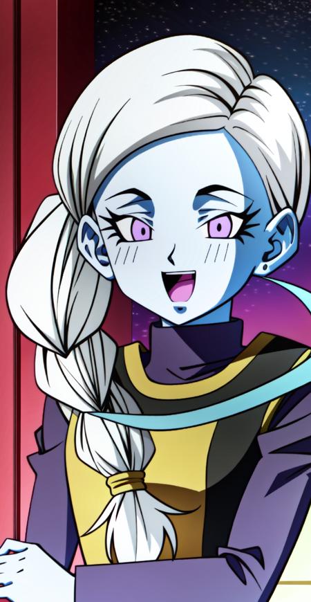 Kusu (Angel of Universe 10), solo, open mouth, braid, colored skin, purple eyes, long hair, white hair, 1girl, blue skin, smile, looking at viewer, upper body, :d, single braid, dragon ball super