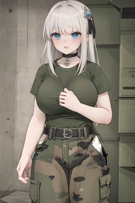 bootsnutes, <lora:bootsnutes3:0.6>, shirt tucked in, green shirt, t-shirt, camouflage pants, black belt, belt buckle,  <lora:reihatada:0.6>, rei hatada, white hair, blue eyes, hair ornament, large breasts, wide hips, crying