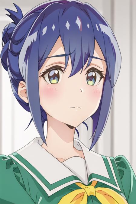 best quality, masterpiece, highres, solo, {mamiya_kanoko_watashinoyuriwaoshigotodesu:1.15}, blue_hair, green_eyes, blush, bangs, closed_mouth, short_hair, purple_hair, 1girl, close-up, hair_between_eyes, looking_at_viewer, portrait, multicolored_eyes, gradient_eyes, sidelocks