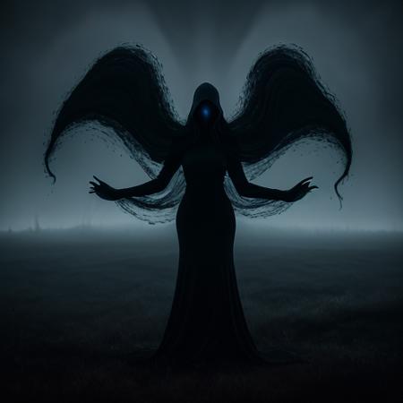 A spectral figure, seemingly composed of swirling, dark clouds, looms ominously in the moonlit night. Its form shifts and undulates, like smoke given sinister shape. Two piercing, glowing eyes fixate on you from within the nebulous mass, radiating an otherworldly malevolence. Wisps of misty tendrils reach out, curling and coiling with an eerie, almost sentient intent. The figure appears both ethereal and menacing, a haunting embodiment of the unknown, sending shivers down your spine with its haunting presence.