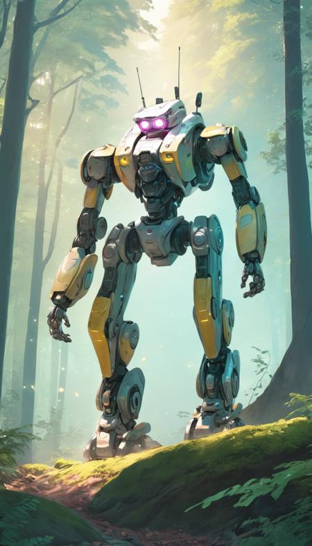 Cinematic scene, hero view, 4-legged battle robot in the forest, action pose, sci-fi, detailed background, masterpiece, best quality, high quality, highres, absurdres, pastel colors <lora:pastel_xl_v2:1>