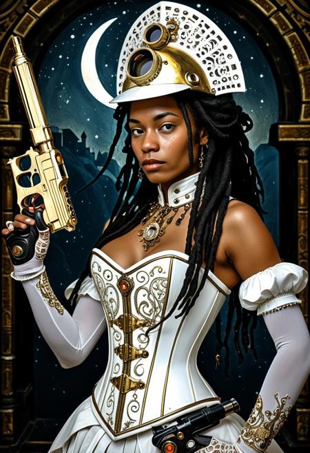 Milo Manara miele flesh for love in spaceship with view on (realistic Saturn:1.1). Armoured. (Klimt, Bill Sienkiewicz, Philippe Druillet, HR Giger: 1.1).  Black hair. Jewels only. (Holds a lasergun: 2). Fractal skin texture. nsfw, 1girl, masterpiece, high quality, highly detailed, sweaty, freckled woman 30 yo jamaican woman, queen, dreadlocks, brown eyes, wearing a white helmet with jewels and gold, wearing a white steampunk Victorian-inspired armor ArsMJStyle, Rococo Steampunk. The armor showcases intricate metal filigree, structured corset-like plating, The bodice is a fine, translucent blouse layered beneath reinforced pauldrons, visible torpedo breasts, one nipple out, creating an ethereal yet formidable appearance. with gold and silver, standing tall, holding a mace in front of her, looking towards the viewer, 3d style, artistic castle background. skin pores, imperfections, natural,very detailed, raw photo, photorealistic, high detailed texture, highly detailed photography, highly detailed, high budget, OverallDetail, gorgeous, photorealistic, candid camera, eye catchlights, skin pores, imperfections, 1950 painting style of Gerald Brom. Stars, (crescent moon: 1.2). ((Photography, high details, technicolor, 64k))