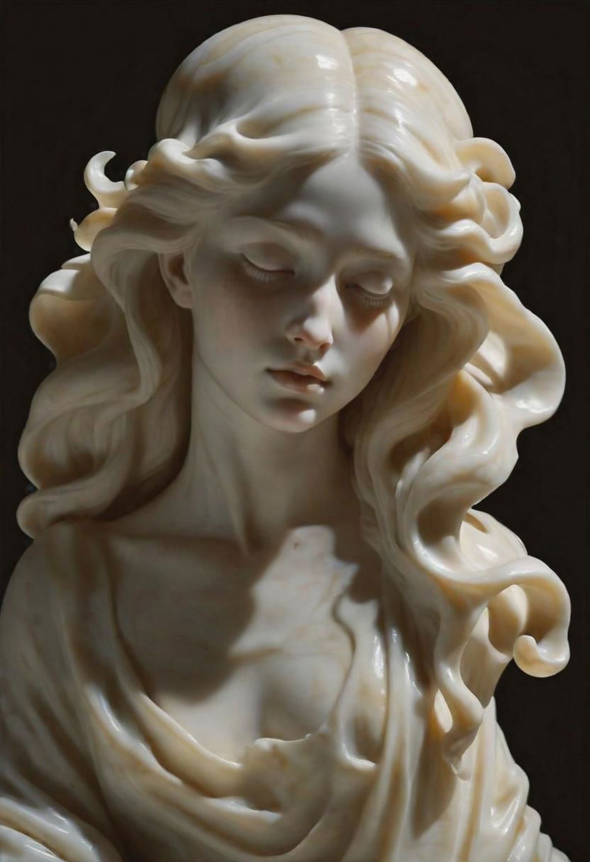 A white marble statue of a woman with her eyes closed.