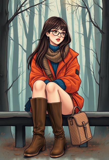 znchn style、Official、​masterpiece、Beautiful fece、highly contrast、art by、Sexy One Girl Waiting For Lover、portraitures、long court、long boots、sockes、sitted、hand between legs、brown haired、bluntbangs、long shoulder hair、bags、lips eyelashes、the woods、Blue sweater、eye glasses、Orange jacket、scarf、illustratio、Subtle Colour、profile、Subtle Colour、post grunge、concept-art、Paint Splatter、intricate-detail。Highly detailed and detailed eyes、Trending in art stations、Jothan Gonzalez and Rop、James Jean、Victon Gai、David Rabun、Mike Mignola、Lauri Lee、masutepiece、top-quality、