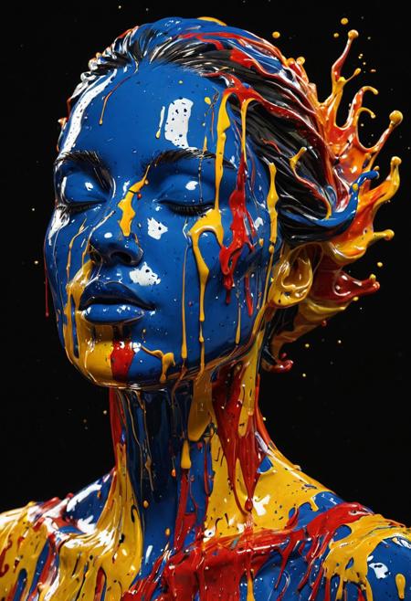 A stunning 3D realistic artistic sculpture of a graceful female head and shoulder in air, , exuding elegance and beauty, dynamically splashed with vibrant, flowing oil colors in bold hues like electric blue,  fiery red, and golden yellow, creating a mesmerizing contrast against a deep black background. The sculpture has a striking 3D pop effect, with hyper-detailed textures, lifelike skin, and glossy, reflective paint drips enhancing its depth.