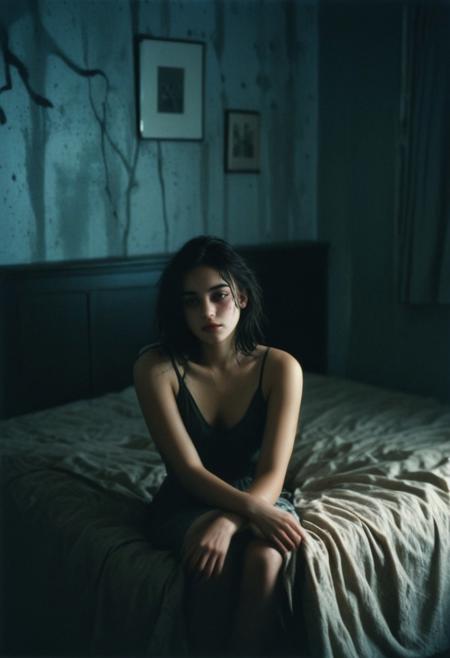 a dark lonely cold room, a thin girl sits hanging her shoulders on the bed, her dark hair dirty, a black stain in place of her face, dull tones, evening, contrasting shadows, dull cloudy sky, luminous blurred photo, grainy film effect, konica minolta zoom 60, blurred shapes, Diane Arbus photo style