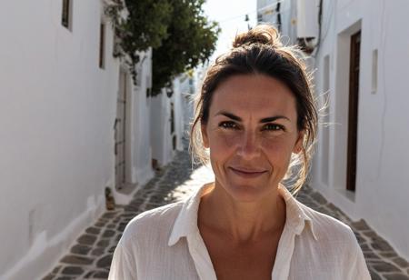 *A hyper-realistic headshot of a 42-year-old woman in a Mykonos alley, her olive skin showing uneven tan lines, a faint acne scar on her jaw, and natural forehead wrinkles as she squints in the sun. Her dark hair is pulled into a messy bun, flyaways glowing from backlight. She wears a linen shirt, the bougainvillea behind her a muted pink blur. Shot on a Sony A7R IV with a 50mm f/1.4 lens at f/2.2. Lighting: harsh midday sun diffused by alley shadows, highlighting her skin’s oiliness and peach fuzz.*